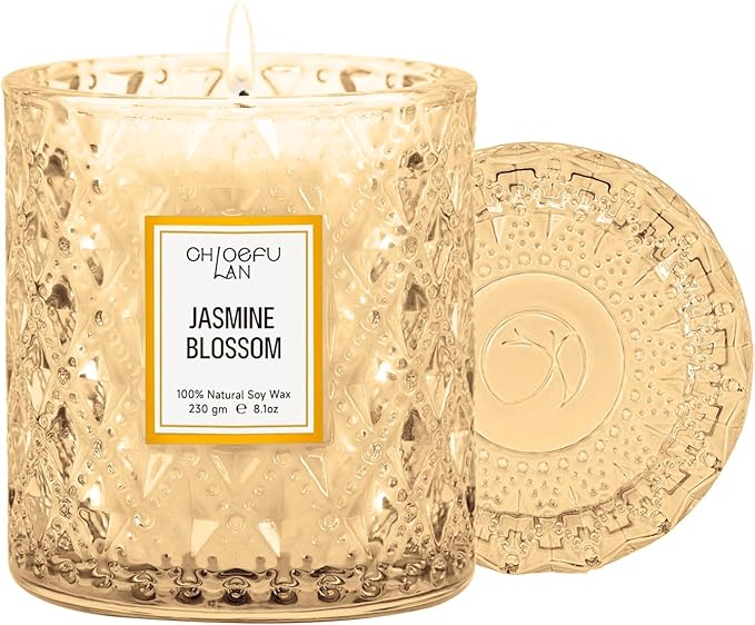 Chloefu LAN Jasmine Blossom Scented Candle, Luxury Soy Candles, 55 Hours Slow Burning, Non Toxic, Gift-Ready for Hosts & Gatherings, Farmhouses Home Decor, Long Lasting for Bath & Office, 8.1oz