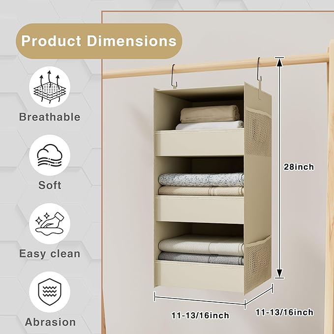 3-Shelf Hanging Closet Organizer and Storage, Foldable Hanging Closet Shelves Front Lip Design Washable Hanging Storage, Beige