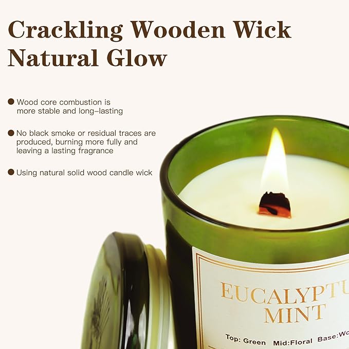 2 Pack Candles for Home Scented,Wood Wick Eucalyptus Mint Scented Candle,22.6 oz 150 Hour Long Burning Lasting, Natural Soy Wax Candles Gifts Set