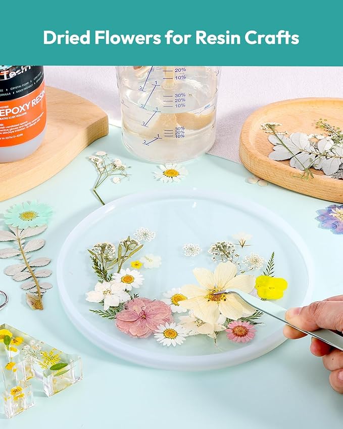 Dried Flowers, Resiners 100Pcs Pressed Flowers for Craft Whtie Real Natural Dried Flowers Dry Leaves Kit for DIY Making Crafts Resin Soap Candle Scrapbook Supplies Card Making Jewelry