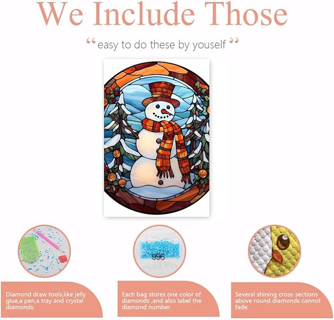 GUAIEUW Winter Stained Glass Snowman Diamond Painting Kits 5D Full Round Diamond Painting Art, Season Theme Canvas HD Picture DIY Diamond Dot Painting, Home Wall Decor Gift 18x24 Inch