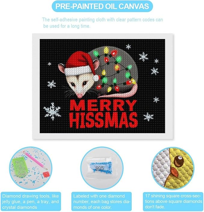 AIVKIEJK Diamond Painting Kits for Adults - Christmas Possum Merry Hissmas Painting DIY 5D Full Drill Diamond Dots Paintings with Diamonds Gem Art and Crafts Home Decor 12"x16"