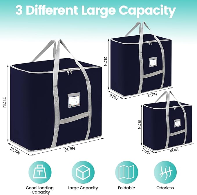 3 Pack Different Size Large Storage Bags, Heavy Duty Storage Bags, Large Moving Bags, Space Saving, Storage Tote Bag, Organizing Bedroom, with Reinforced Handles & Double Zippers (Blue)
