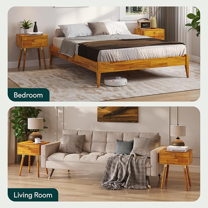 Bme Alden Solid Wood Nightstand/Side Table/End Table, Fully Assembled, with 1-Drawer for Mid Century Bedroom and Living Room, (12mm), Caramel