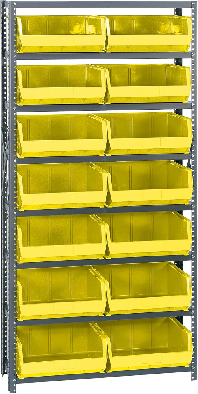 Quantum Storage Systems QSBU-250YL Giant Open Hopper Steel Shelving System, 12" D x 36" W x 75" H, with 8 Shelves and 14 QUS250 Bins, Yellow