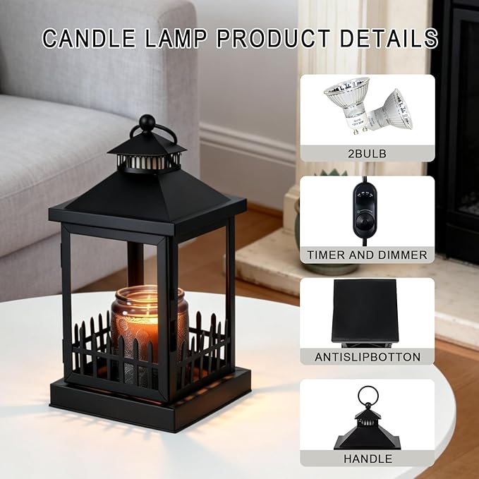 Candle Warmer Lamp with Timer,Compatible with 3 Wick Candles Jars,Dimmable Farmhouse Candle Lamp Warmer,Lantern Candle Warmer Lamps Fully Enclosed and Hanging Up Designed