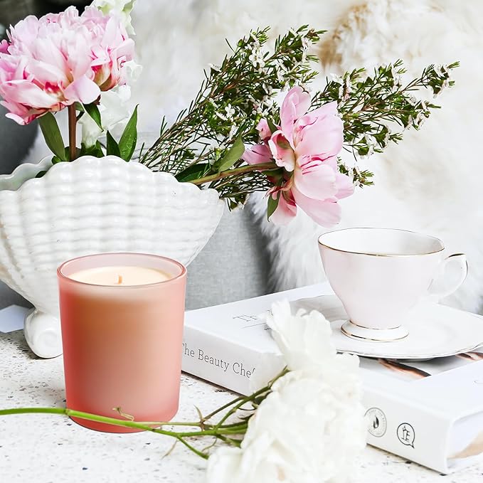 SHOWIN Thick Candle Jars for Making Candles 12 Pcs, 7 OZ Empty Jars with Wood Lids for Candle Making, Sample Container, Frosted Pink