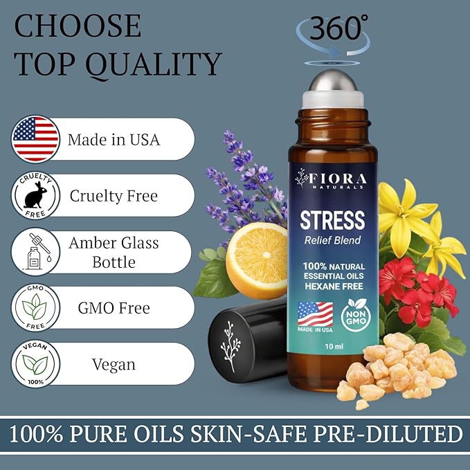 Stress Relief Essential Oil Roll On – Calming Essential Oils Blend for Relaxation & Wellness Rituals - Aromatherapy Roller, Destress Gifts for Women & Men by Fiora Naturals