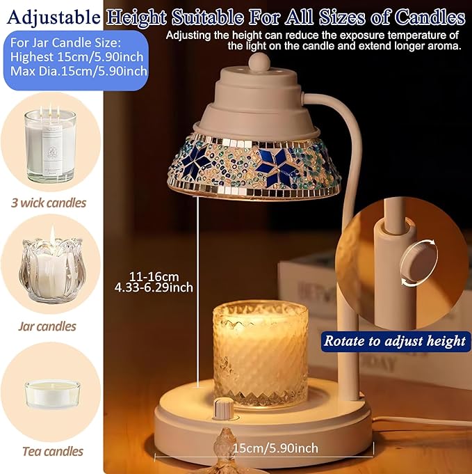 Electric Candle Warmer Lamp with Colorful Diamond Lampshade, Metal Wax Melting Lattern with Timer and Dimmer, Adjustable Height Candle Melting Lamp Home Decor (White)