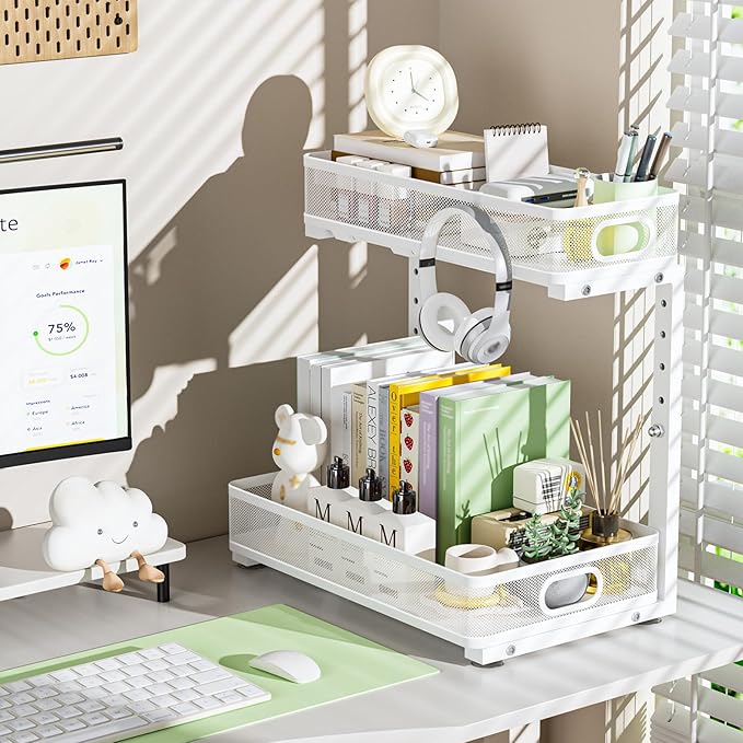 Under Sink Organizer 2 Pack, High Adjustable 2 Tier Under Sink Organizers and Storage, Slide out Metal Cabinet Organizers, Pull out Storage Drawer Shelf for Kitchen Bathroom Cabinet