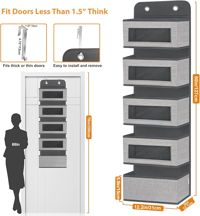 VERONLY Over The Door Hanging Organizer Storage with 5 Large Pockets,Wall Mount Clear Windows and 2 Widened Metal Hooks for Pantry,Nursery,Diapers,Bathroom,Kitchen,Closet,Dorm