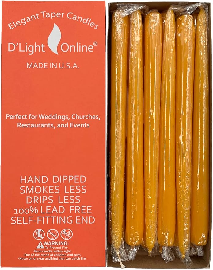 D'light Online Autumn Yellow Elegant 12" Taper Candles Premium Quality Candles, Unscented, Hand-Dipped Tapered Candles, Dripless and Smokeless - Set of 12 Individually Wrapped (12 Inch, Autumn Yellow)