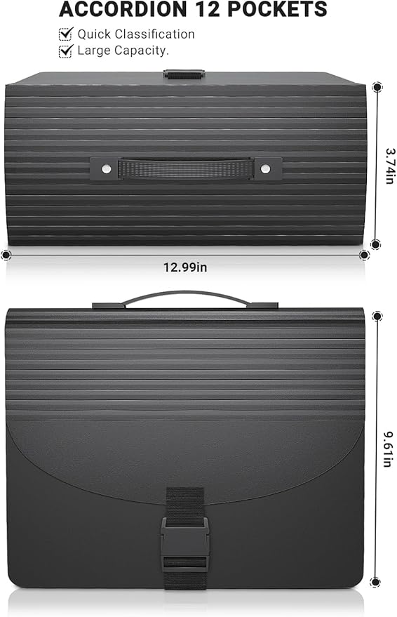TOPCJ Expanding File Folders,Accordion File Organizer with Handle,13 Pockets Expandable Filing Folders,Tabs Included in Filing Box,Adjustable Strap,Bill Documents Organizer,A4/Letter Size