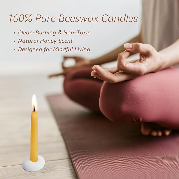 20 Minute 100% Pure Beeswax Candles, Mini Mindful Meditation Taper Candles, Smokeless & Dripless with Holder for Yoga, Prayer, Relaxation (Yellow,60 Pack)