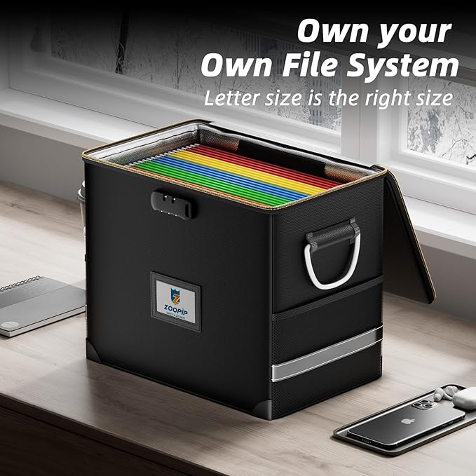 File Organizer with Lock,Fireproof Document Box,Hard Safe Box Includes 10 Hanging File Folders for Letter Size,Filing Cabinet with Fireproof Zipper,0.58 Cubic Feet