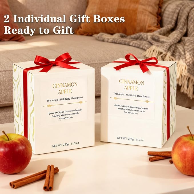 Scented Candles for Home–2 Pack Wood Wick Cinnamon Apple Scented Candles,Long Lasting Natural Soy Wax Candles with Gift Boxes,Cozy Aromatherapy Candle for Home Decor