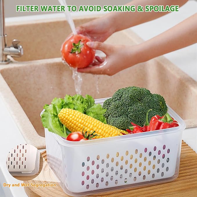 5 PCS Fruit Storage Containers for Fridge, Leakproof Food Storage Containers with Removable Colander, Dishwasher & Microwave Safe, Produce Saver Container Keep Berry Fruit Vegetable Fresh Longer