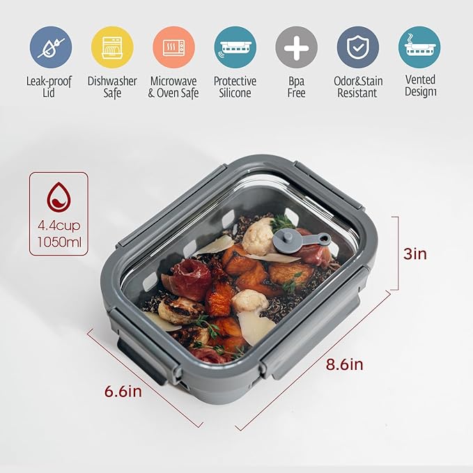 GENICOOK Glass Food Storage Containers With Glass Lids Bento Box Set Lunch Box Eco Friendly Meal Prep Containers Airtight – Plastic Free, Silicon Sleeve Bpa Free 4.4cup/ 5 * 1050ml
