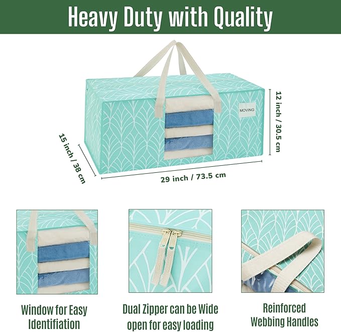 VENO 6 Pack Heavy Duty Moving Bags, Storage Bins with Lids, Transparent Window Design, Alternative to Moving Boxes, Storage Bags for Clothes, Blankets, Comforters (Evergreen, 6 Pack)
