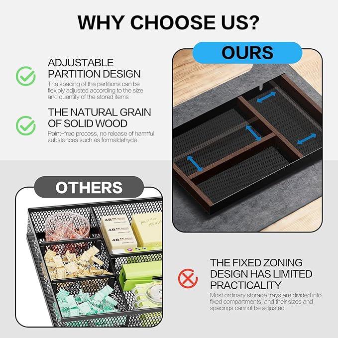 Desk Drawer Organizer Tray With Removable Magnetic Wooden Strip,Freely Adjustable Space,Made of Aluminum and Walnut,Valet Tray for Mens,Desk Accessories for Office/Home/Nightstand