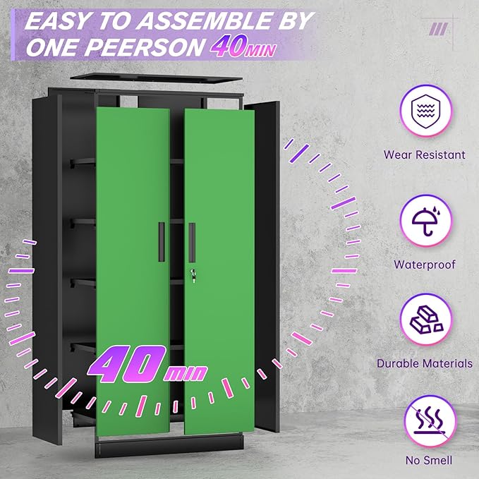Superday Metal Storage Cabinets, 71" Storage Cabinet with Locking Door, Tall Garage Cabinet with 2 Doors and 4 Adjustable Shelves for Home Office, Classroom, Easy Assemble(Black Green)