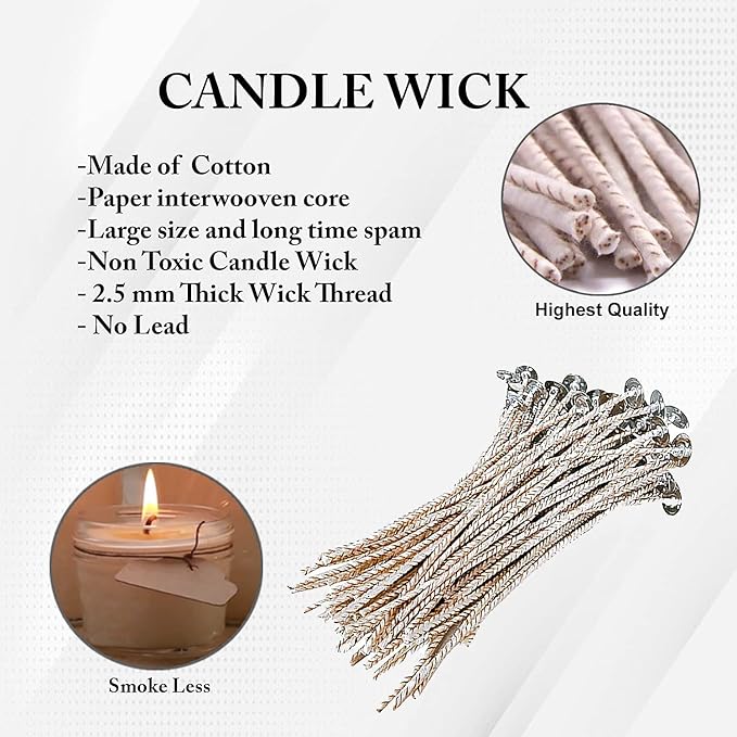 100pcs ECO 2 Wicks for Soy Candles, 6 inch Pre-Waxed Candle Wick for Candle Making,Thick Candle Wick with Base