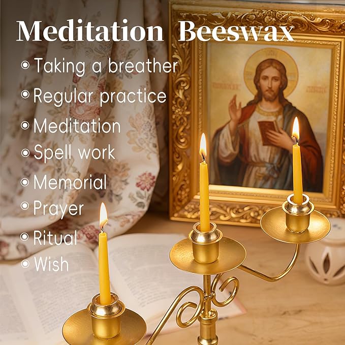 12 Packs Mini Beeswax Taper Candles, 20-30 Minute Meditation Candles with Brass Candle Holders, Dripless Mini Beeswax Prayer Candles Gift for Yoga Relaxation (12)