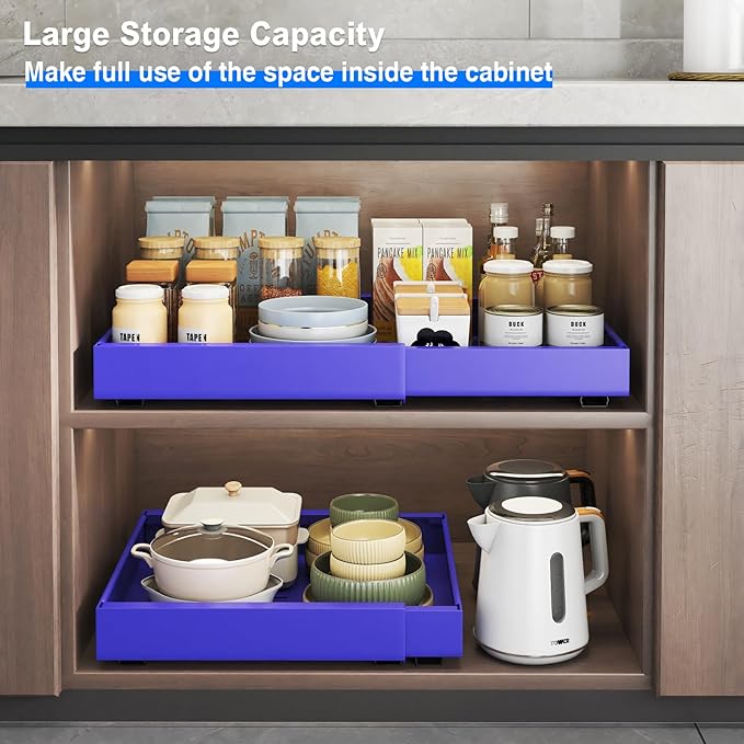 2 Pack Pull Out Cabinet Organizer, Expandable Slide Out Drawers for Kitchen Cabinets Peel and Stick Pullout Drawer Heavy Duty Sliding Shelves for Cupboard, Pantry, Bathroom(16.5" Deep, Blue)