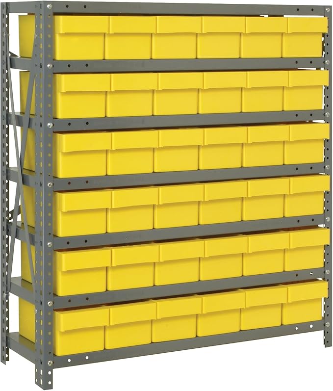 Quantum 2439-603YL Heavy Duty Shelving Unit with (7) Shelves and (36) QED603 Yellow Bins for Industrial Warehouse Storage Distribution | 400 lbs Capacity | 24"D x 36"L x 39"H, Galvanized Carbon Steel