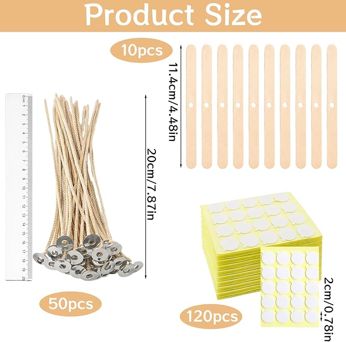 50 Pcs 8 Inch Natural Cotton Candle Wicks Kit, Pre-Waxed Wicks with 120 Wick Stickers & 10 Wooden Holders, for Soy Wax, Beeswax, Coconut Wax DIY Craft