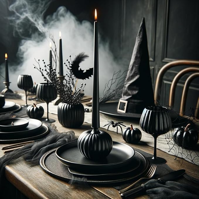 12-Inch Tall Dripless Taper Candles Set of 4 - Black Tapered Candles, Perfect for Halloween - Smokeless, Unscented, Long Burning - Hand Poured, Colored Tall Candlesticks - negras