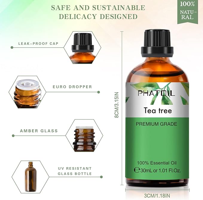 PHATOIL 1.01FL.Oz Tea Tree Essential Oil, for Aromatherapy Diffusers, Humidifiers, Great for DIY Candle and Soap Making, Gift for Friend(30ML)