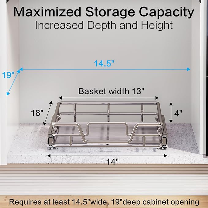Kitchen Cabinet Pull Out Shelf and Drawer Organizer Slide Out Pantry Storaqe Basket in Multiple Sizes (14" W x18 D,1 Tier)