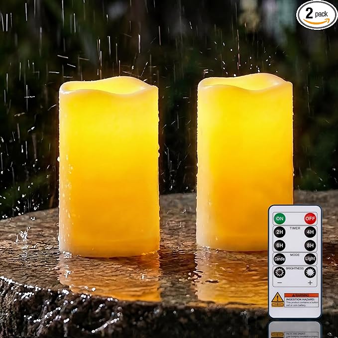 Homemory 3"x6" Flameless Candles, Outdoor Waterproof, Battery Operated LED Pillar Candles with Remote Control and Timer, Plastic, Long Lasting