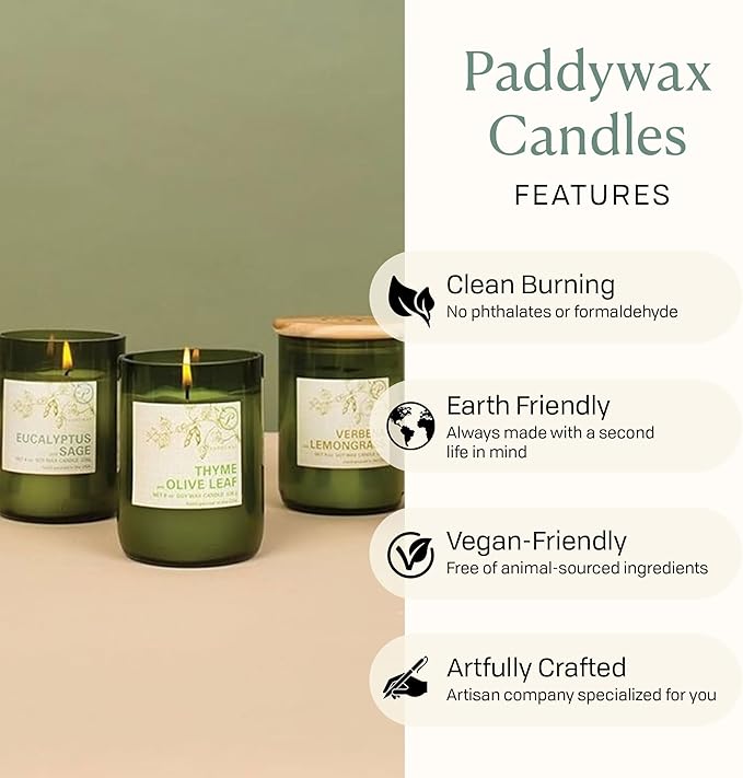 Paddywax Eco Collection Soy Wax Blend Candle in Glass Jar, Eucalyptus & Sage Scent, Green Vessel with Wood Lid, 8 oz