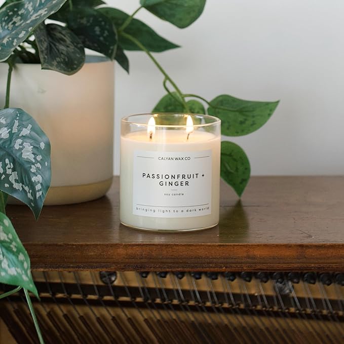 Calyan Wax Co. Passionfruit & Ginger 2 Wick Scented Candle - 37 Hour Burn - Luxury Non Toxic Soy Wax Candles - Long Lasting Large Glass Jar Candle for Home - 8.8oz