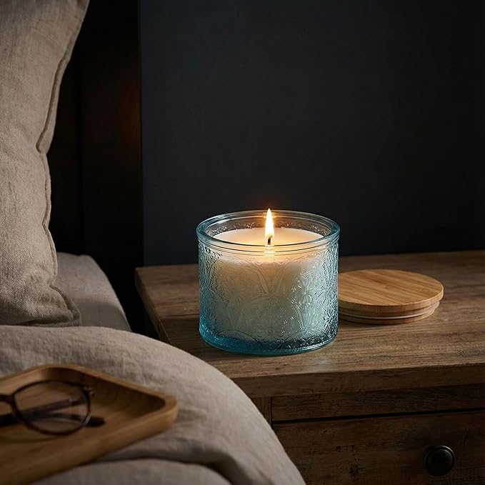 10 oz Embossed Glass Candle Container with Bamboo Lids and Labels,Blue Candle Jars for Making Candles,Mandala Design - Pack of 9