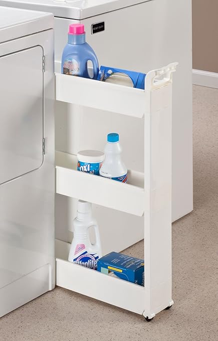 Miles Kimball Slim Storage Cart with 3 Baskets/Shelves and Rolling Casters for Kitchen, Laundry, and Small Space Storage, Durable Plastic - Measures 21" Long x 5" Wide x 28 1/4" High