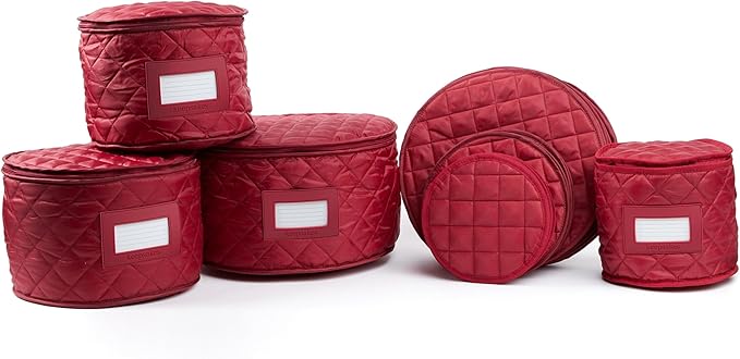 Covermates Keepsakes Dish Storage Set – Padded China & Dinnerware Storage Cases with Dividers, Cup & Stemware Storage, Quilted Polyester Protection, ID Window, Red
