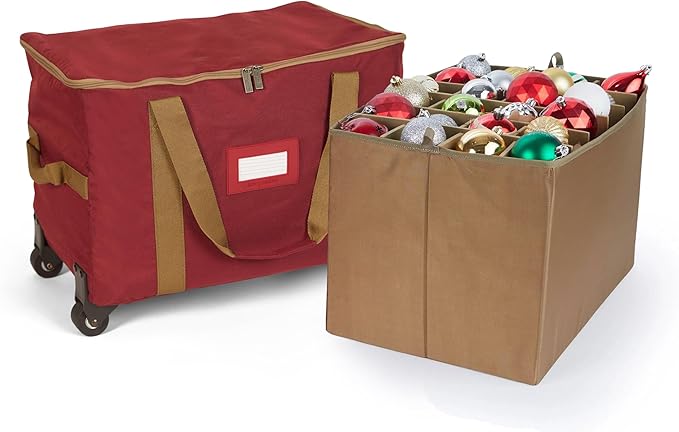 Covermates Keepsakes Rolling Adjustable Ornament Storage Bag – Heavy-Duty Polyester, FlexGrid Trays & Padded Dividers – Protective Holiday Organizer with Wheels, Handles & ID Window, Red