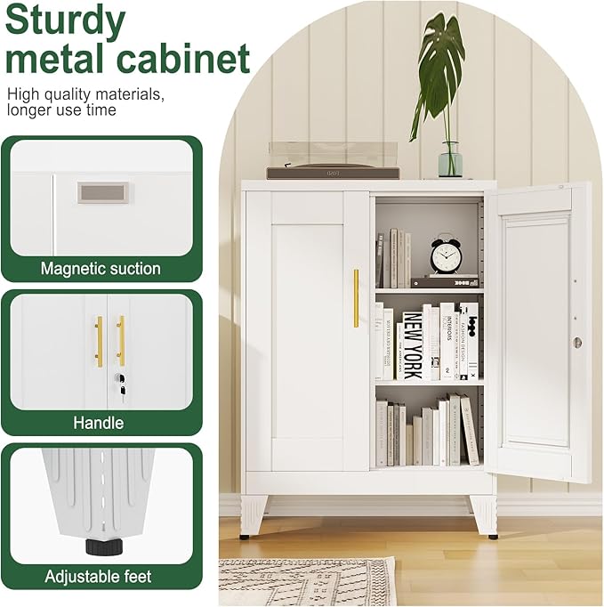 White Metal Storage Cabinet, 36" Tall Locking Storage Cabinet with 2 Adjustable Shelves, Steel Locker Organizer, for Office, Home, School, 11.81" D x 23.62" W x 35.83" H, 2PS