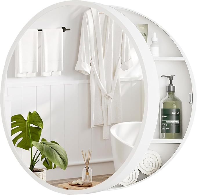 SUNWAVE 20 Inch Round Black Medicine Cabinet with Mirror, Modern Wall Mounted Vanity Cabinet for Bathroom, Circle Bathroom Mirror with Storage, Space-Saving Wood Cabinet (White, 20 Inch)