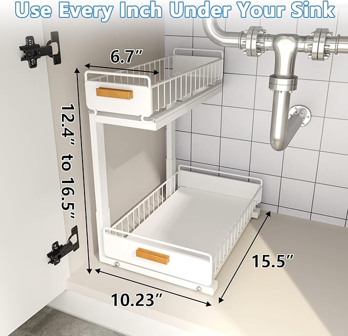 Under Sink Organizer Kitchen - Upgraded Professional Rails, 2 Tier Dual Pull Out Cabinet Storage, Height Adjustable Under Sink Storage, Metal Sliding Drawer for Kitchen & Bathroom, White, 2 Pack