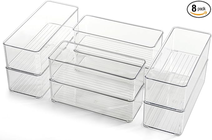 Hudgan 8 Pack Clear Plastic Drawer Organizers Set, Stackable Deep Drawer Organizer for Makeup Vanity and Desk, 2 Sizes Tall Bathroom Drawer Organizer
