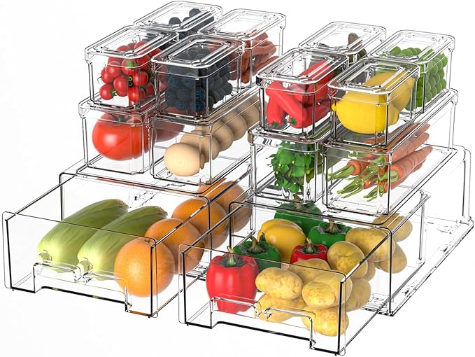 damynuo 14Pack Fridge Organizer Bins, Clear Refrigerator Organizing Containers with Lids and Refrigerator Drawers, Stackable Food, Vegetable and Fruit Containers for Fridge Organizers and Storage