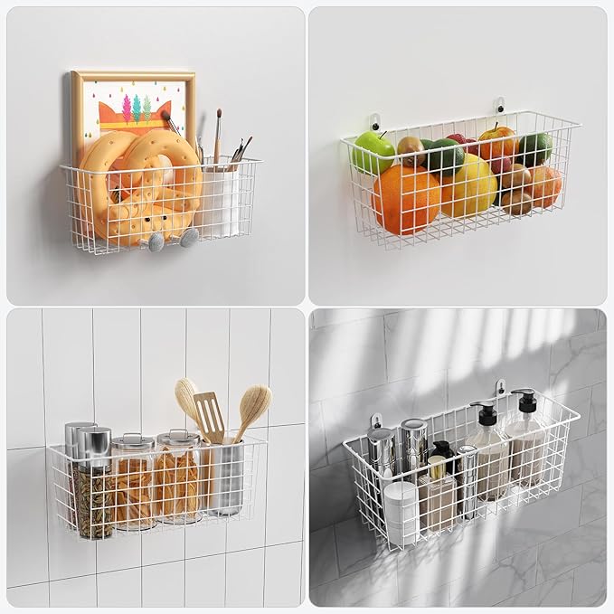 MaraFansie Wire Basket 4-Pack [Extra Large] Hanging Wall Organizer Cabinet Storage Basket Wall Mounted Shelves Rustic Farmhouse Decor for Home Kitchen Bathroom, White