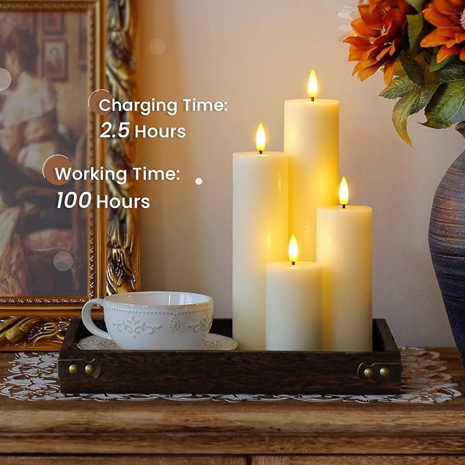 Rechargeable Flameless Flickering Tall Wax Remote 2.2" x4" 6" 8" 10" Ivory Candles, Timer Set of 4 LED Battery Operated Fake Warm Light Pillar Candles(Included USB Charging Cable with 2 Ports)