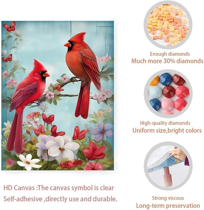 GUAIEUW Red Bird Bouquet Diamond Painting Kit for Adults, Full Round Diamond Cardinal Bird 5D Diamond Painting DIY Art Crafts for Winter Home Wall Decor Holiday Gift 20x24 Inch