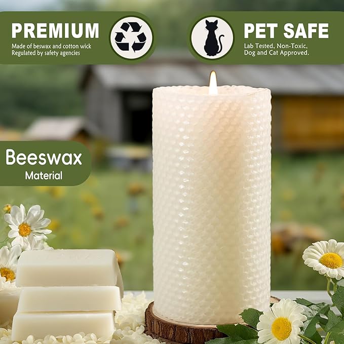 White Beeswax Pillar Candles, 2 Pack Hand-Rolled Beeswax Candles-90 Hours Long Burning, Handcrafted Honeycomb Bees Wax for Home, Bee Themed Gifts for Candle Lovers (2.8x6 in)