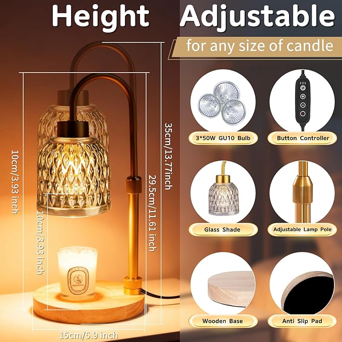Candle Warmer Lamp with Timer, 3 Bulbs, Adjustable Height, 2/4/8H Auto Shut-Off for Home Office Décor, Ideal Gift (Amber)